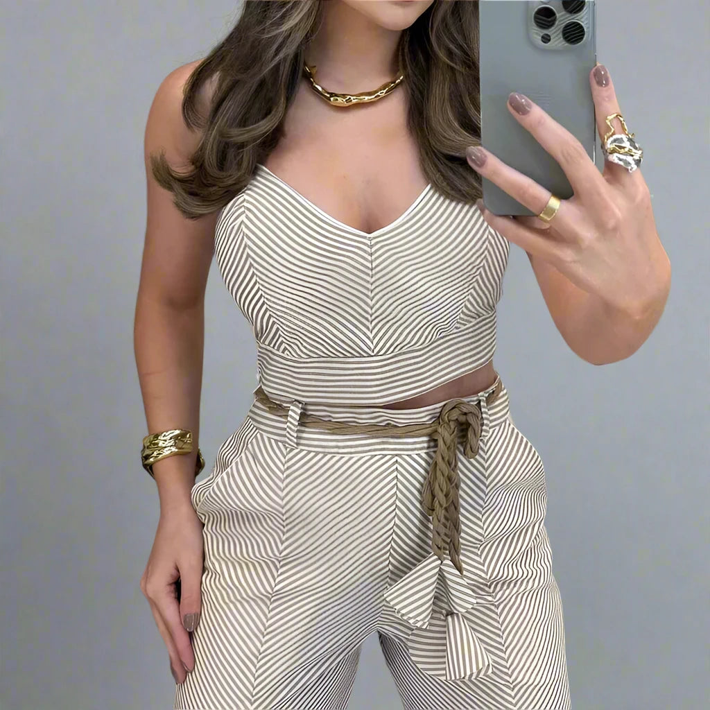 Sophisticate Two Piece set Striped Print Suspender